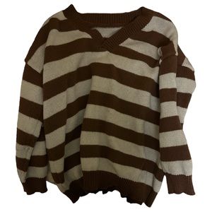 SHEIN Striped Brown&White Detail Pull Over V Neck